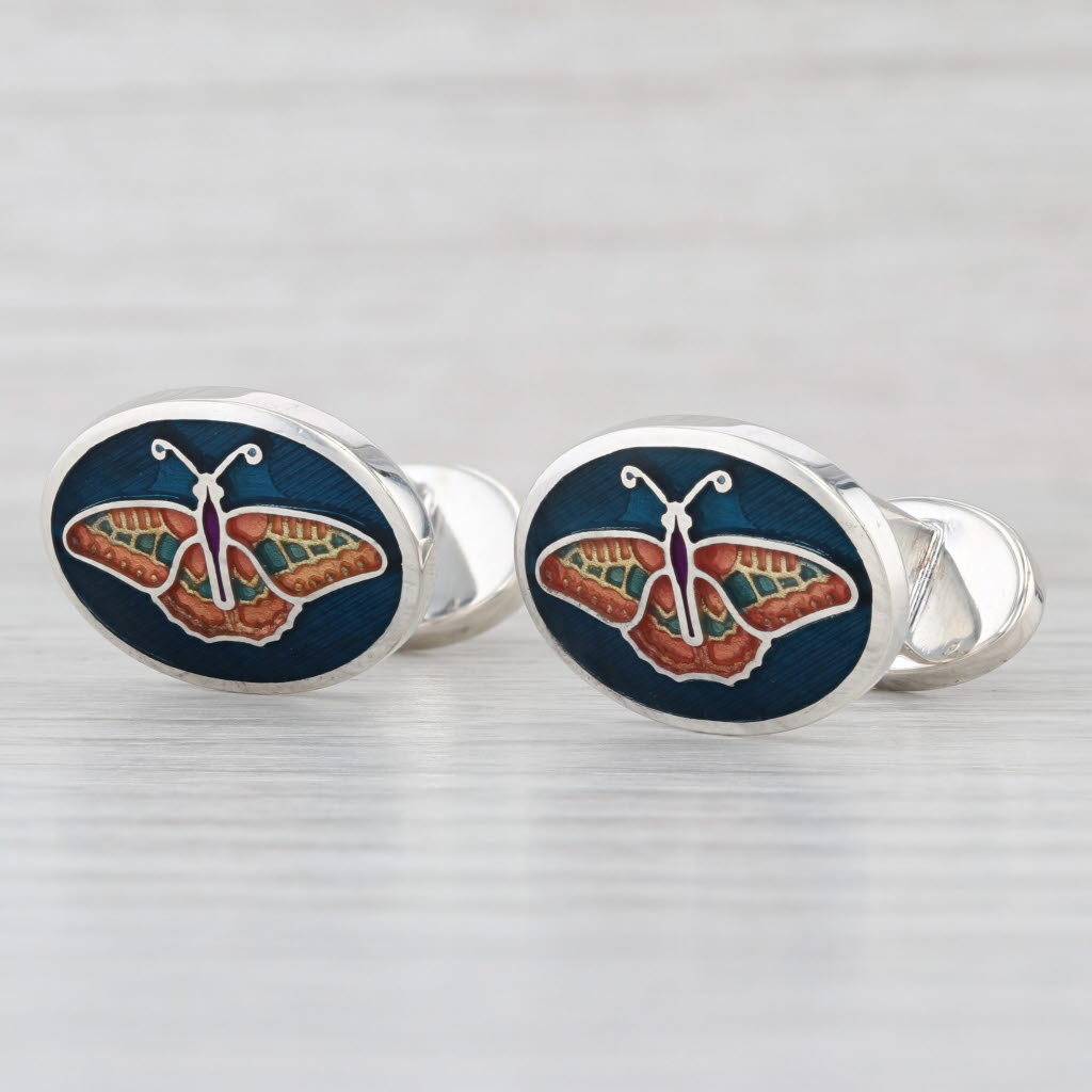 Ornate Butterfly Cufflinks Sterling Silver Vibrant Enamel British