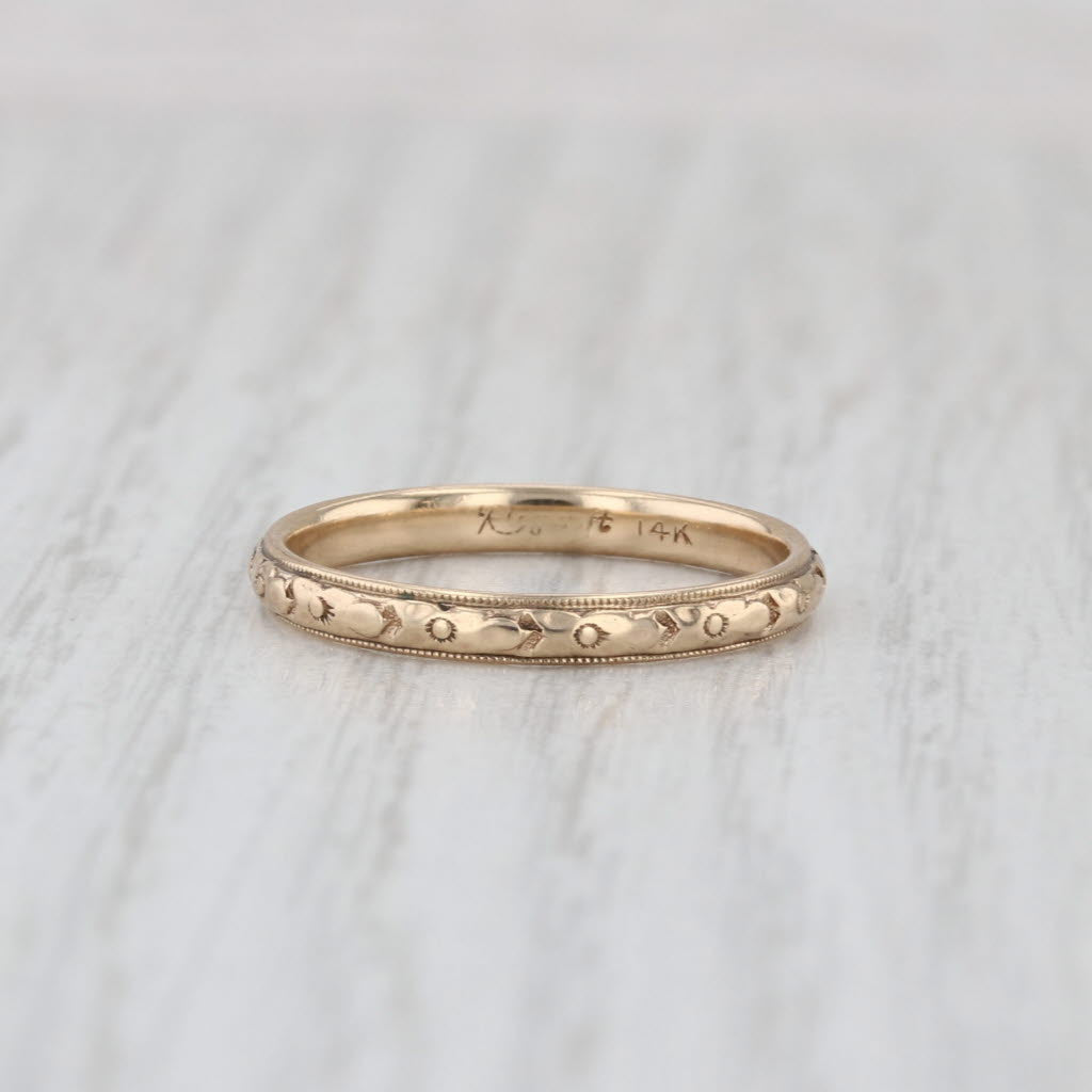 Etched Floral Pattern Band 14k Yellow Gold Size 7 Wedding Stackable Ring