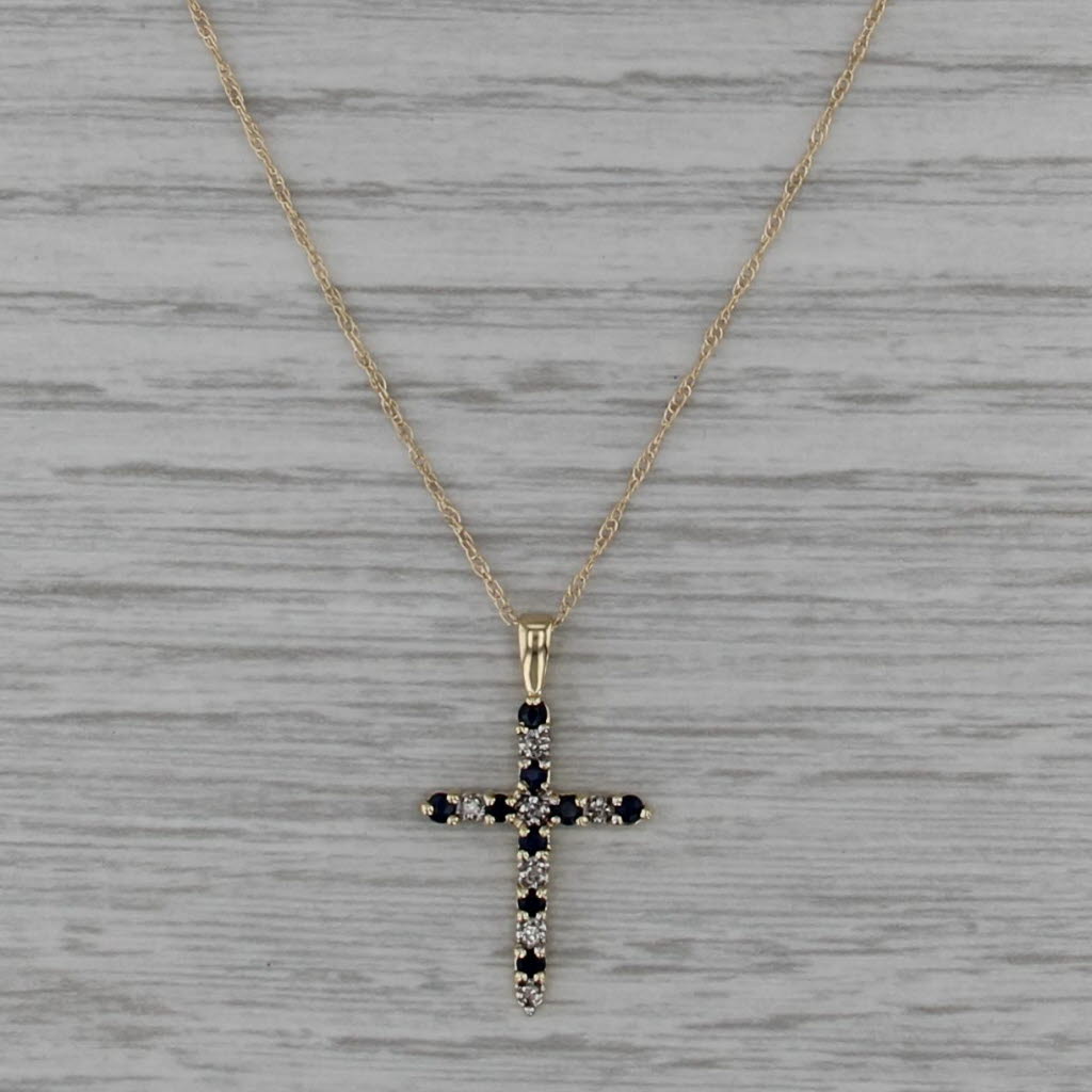 0.22ctw Sapphire Diamond Cross Pendant Necklace 10k Yellow Gold 18" Rope Chain