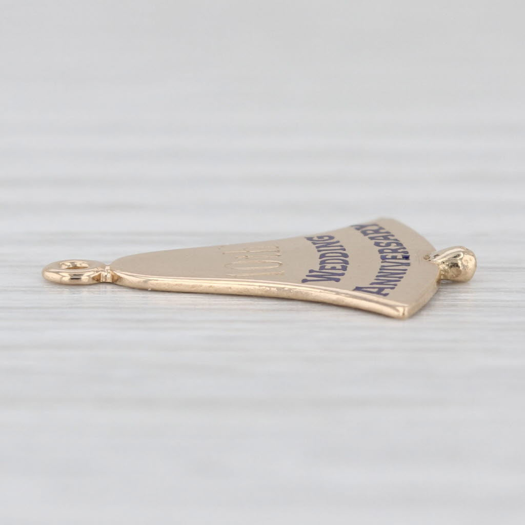 Vintage 10th Wedding Anniversary Bell Charm 14k Gold Enamel Engraved Pendant
