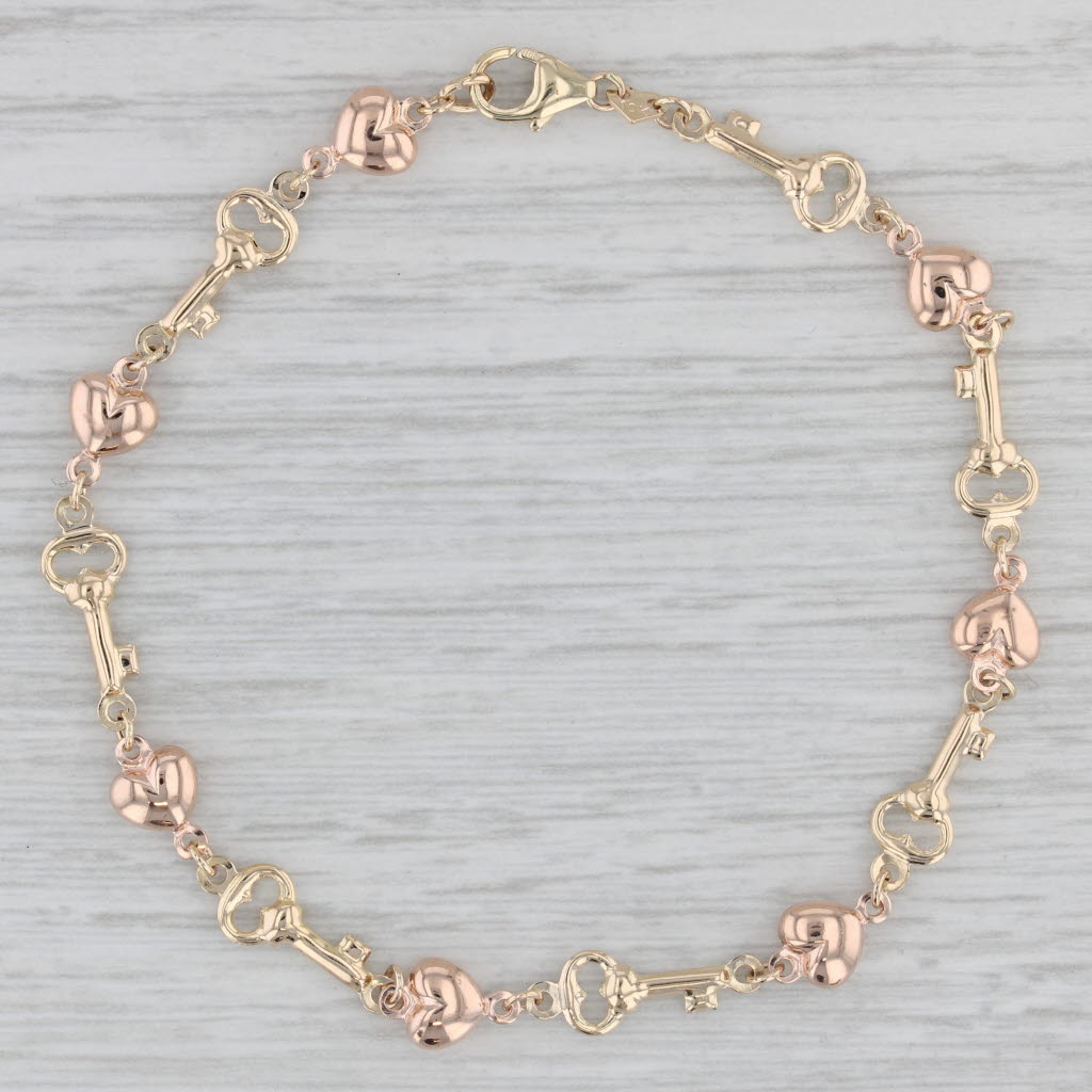 Gray Key Heart Chain Bracelet 10k Rose Yellow Gold 7.5" 5.8mm