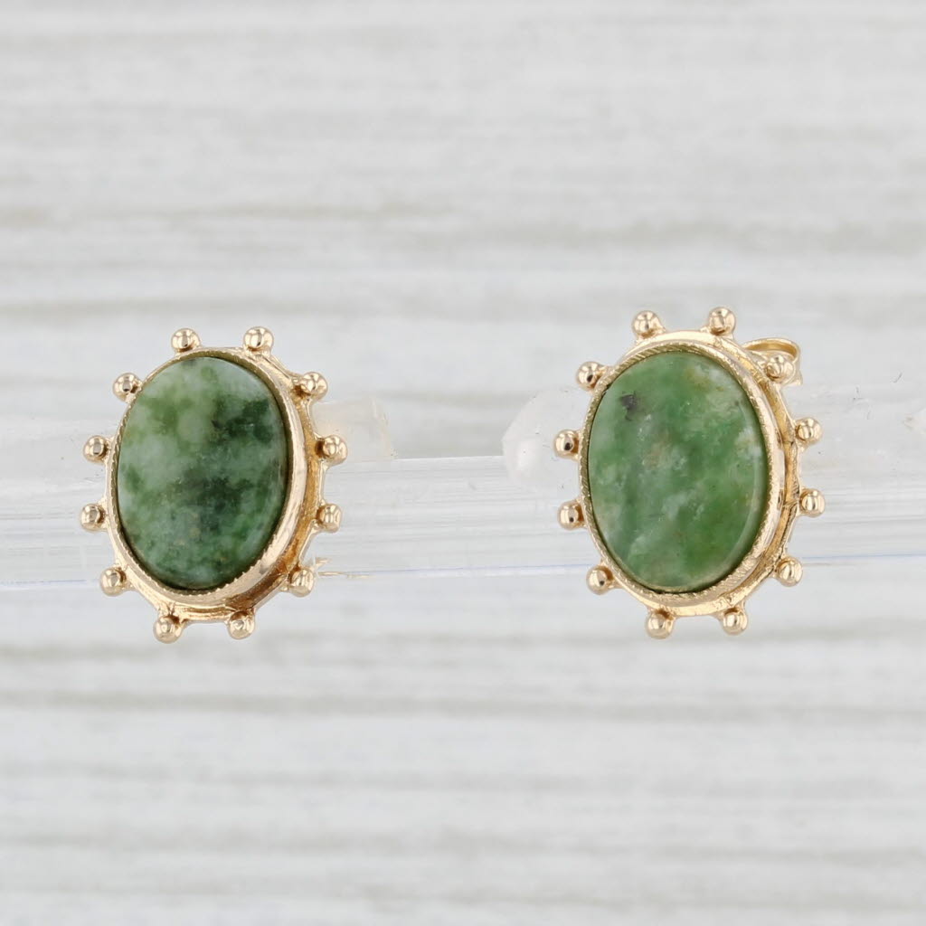 Light Gray Green Nephrite Jade Stud Earrings 10k Yellow Gold Vintage Oval Solitaires