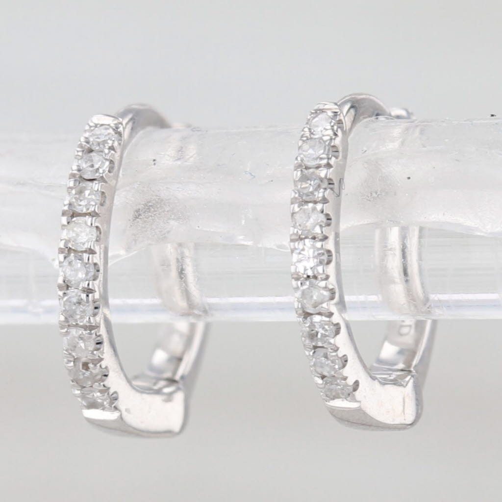 Diamond Mini Hoop Huggie Earrings 14k White Gold Round Hoops Hinged 9.7x1.4mm