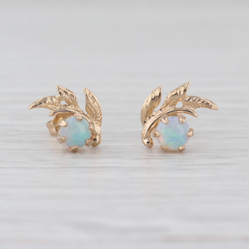Opal Cabochon Flower Stud Earrings 14k Yellow Gold Small Studs