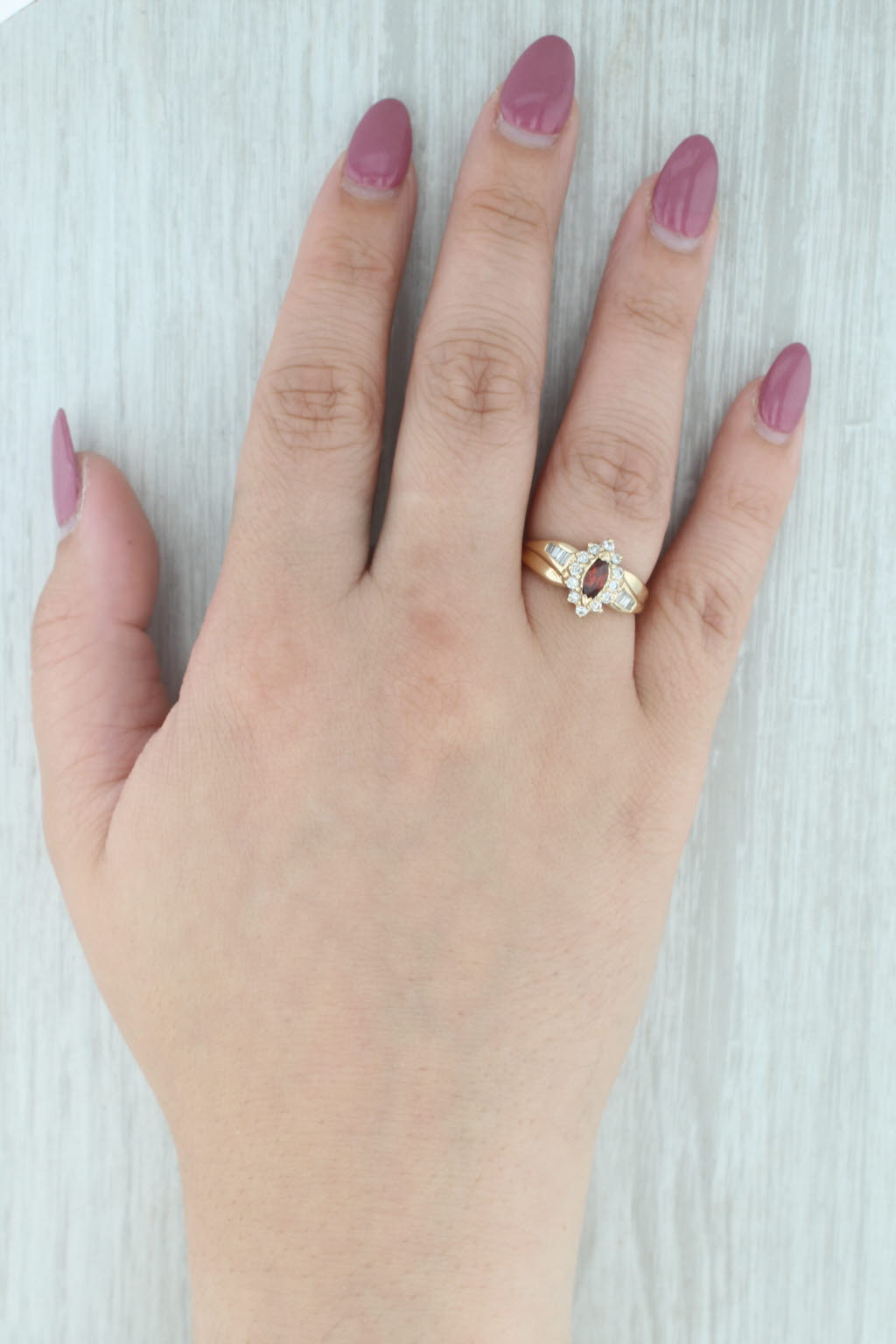 Gray 0.70ctw Marquise Garnet Diamond Halo Ring 14k Yellow Gold Size 7-7.25