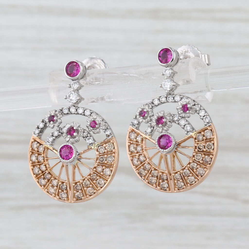 1.09ctw Diamond Ruby Circle Drop Earrings 18k Rose White Gold