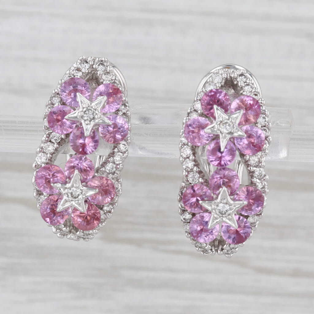 3.74ctw Pink Sapphire Diamond Flower Drop Earrings 18k White Gold Omega Backs