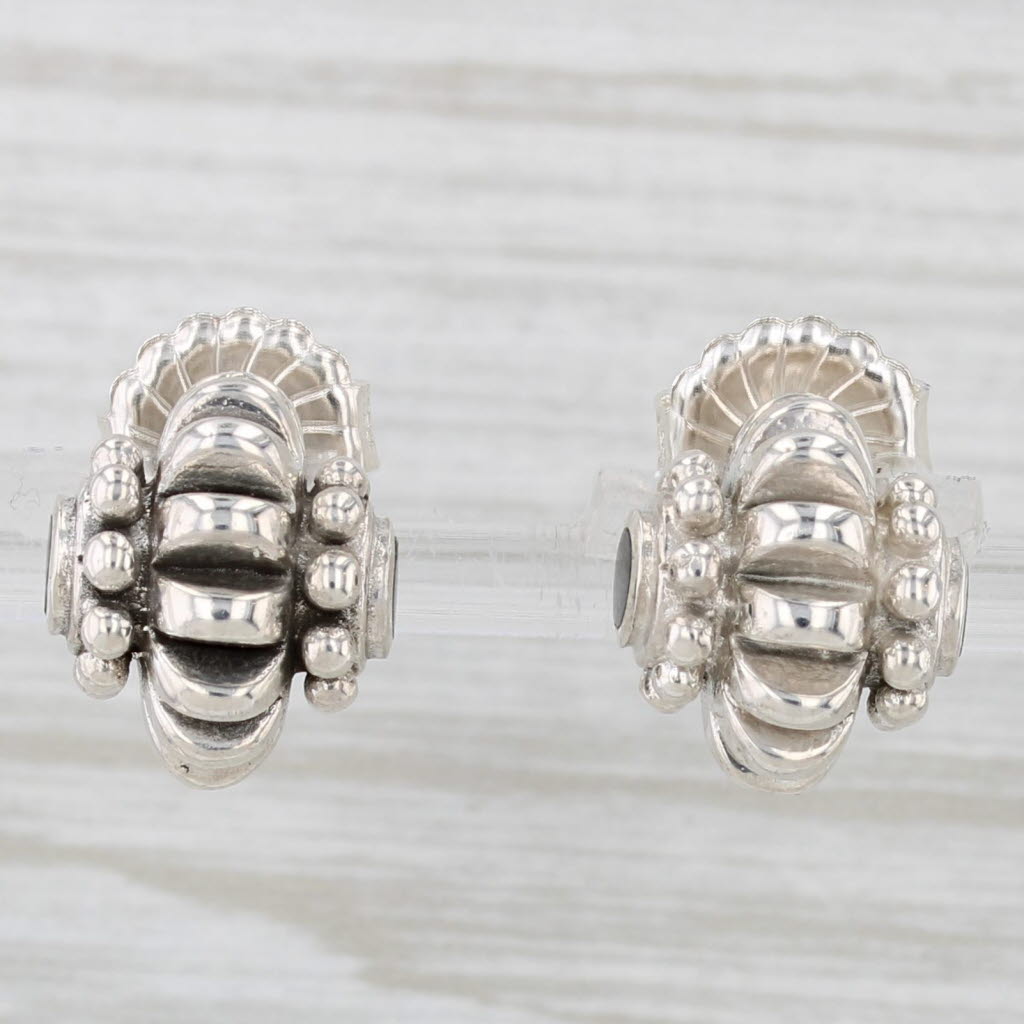 Light Gray Scalloped Silver Earrings Onyx Accents Sterling Studs
