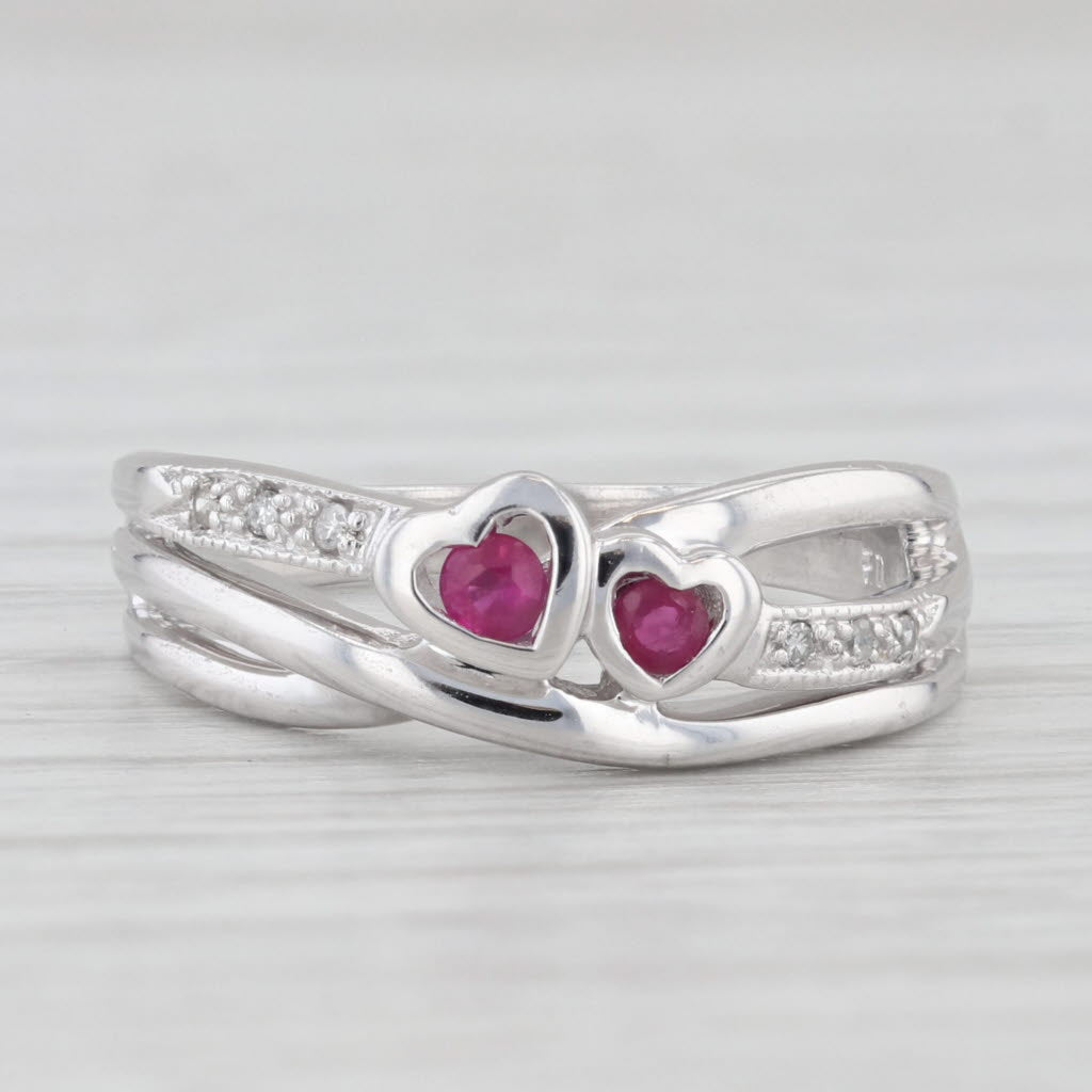 Light Gray 0.14ctw 2-Heart Ruby Diamond Ring 10k White Gold Size 6.5 Bypass