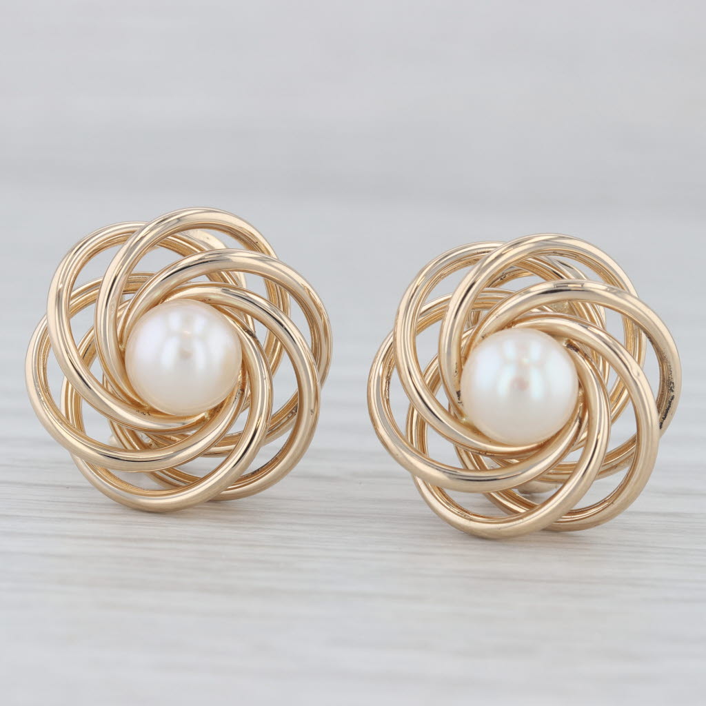 Light Gray Cultured Pearl Knot Stud Earrings 14k Yellow Gold Omega Backs