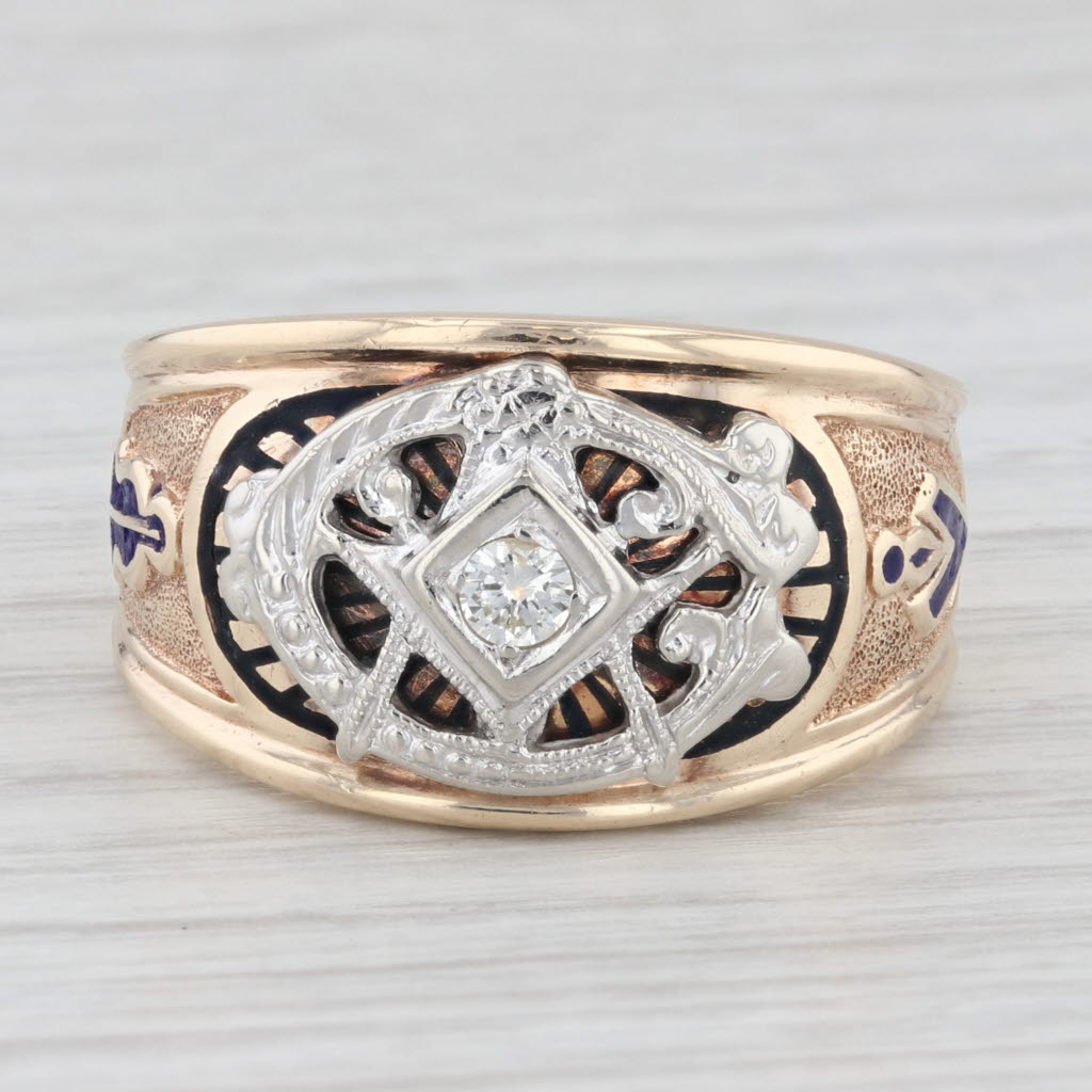 Light Gray Vintage Masonic Ring 10k Gold Diamond Size 10.25 Cigar Band Style Blue Lodge