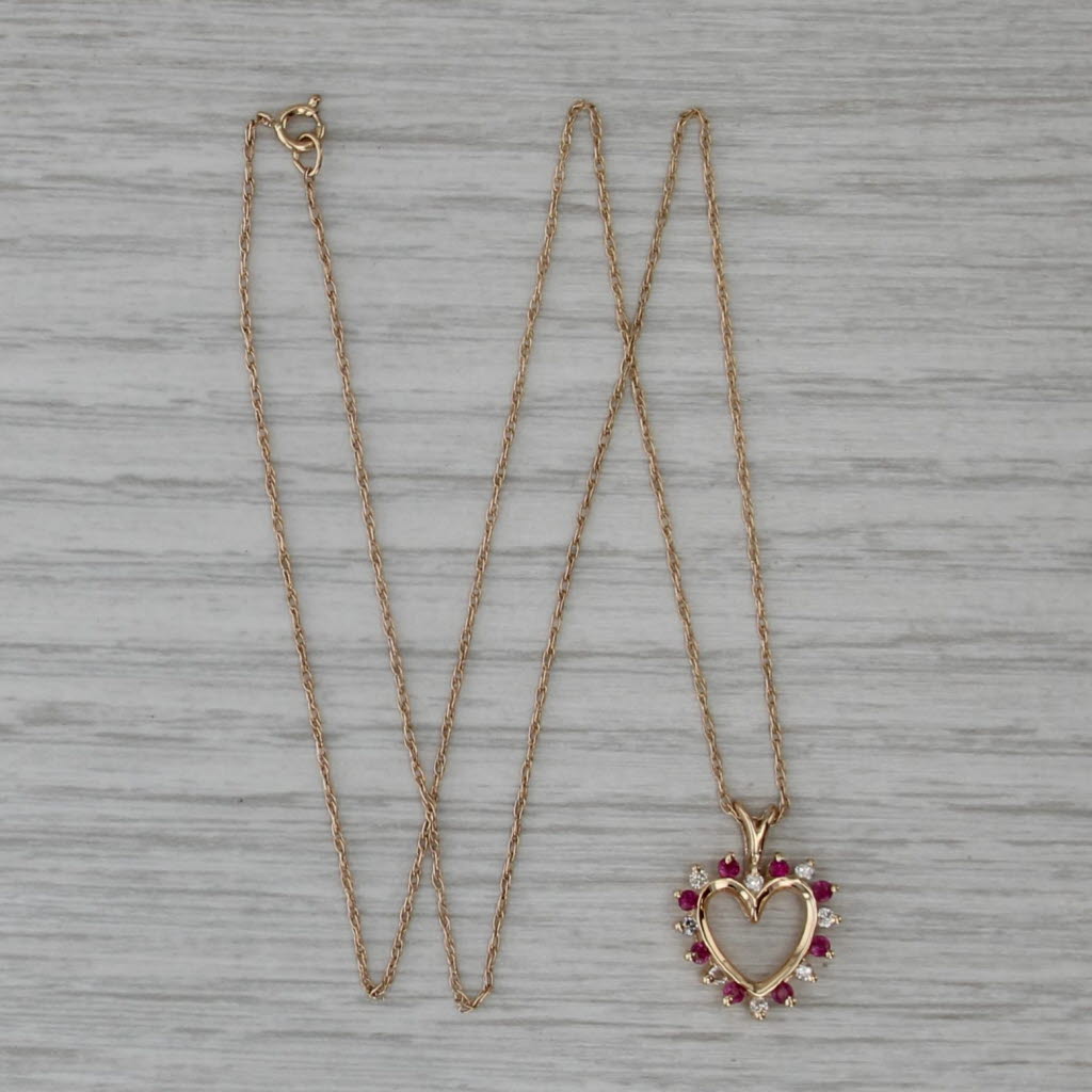 0.24ctw Ruby Diamond Open Heart Pendant Necklace 14k Yellow Gold 16" Rope Chain