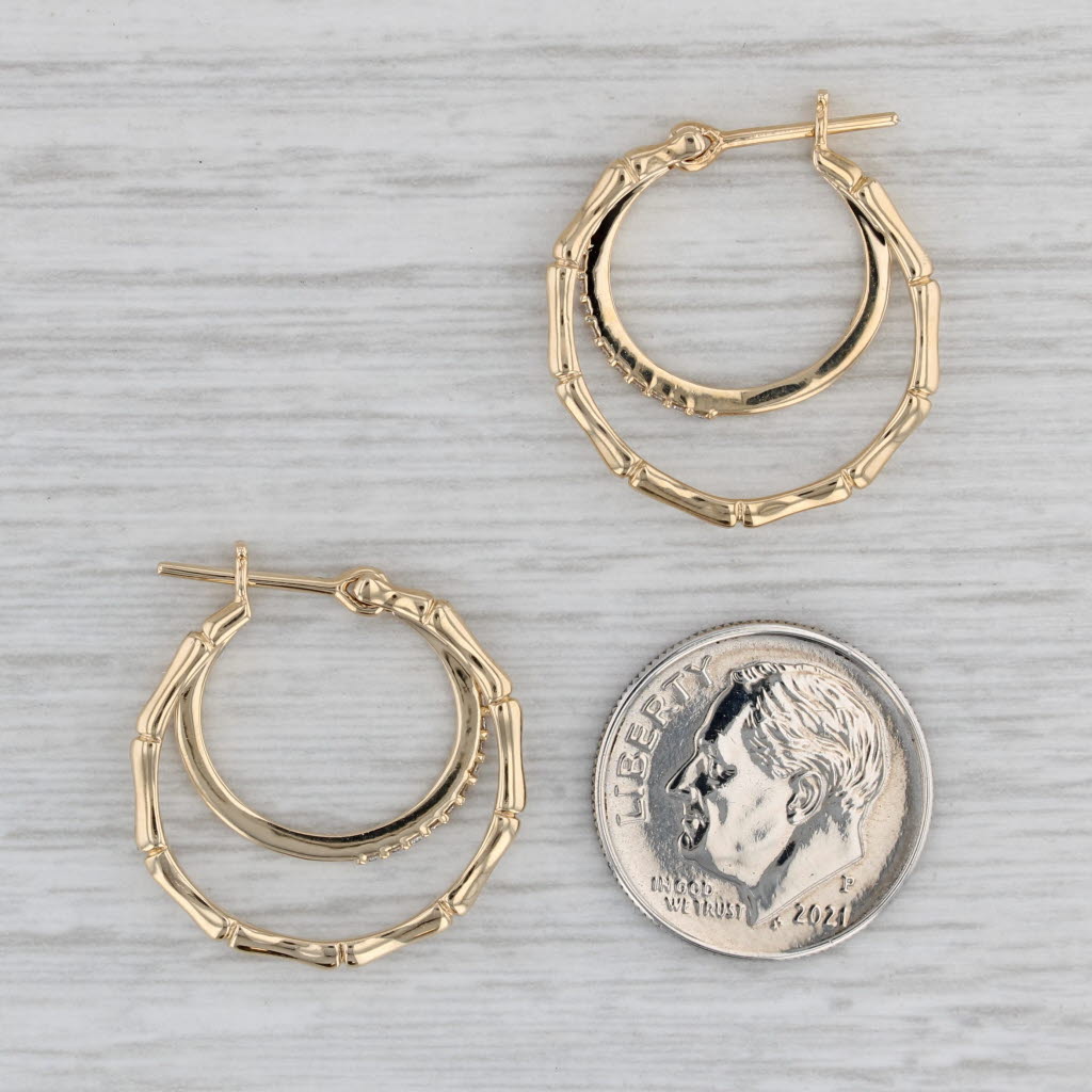 Gray New 0.12ctw Diamond Bamboo Hoop Earrings 14k Yellow Gold Snap Top Round Hoops