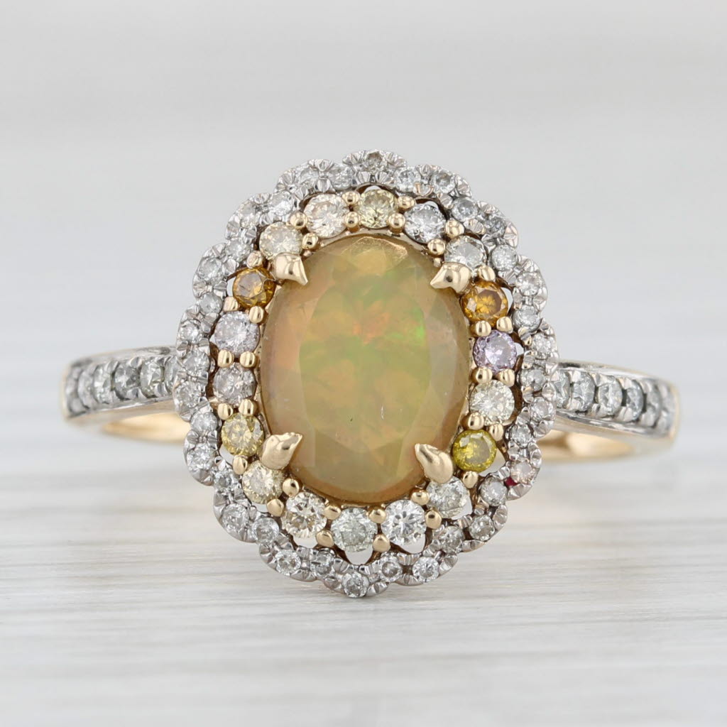 Light Gray Colorful Opal Diamond Halo Ring 14k Yellow Gold Size 8.25