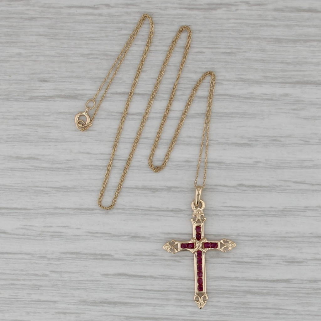 0.22ctw Ruby Cross Pendant Necklace 14k Yellow Gold 19.25" Rope Chain