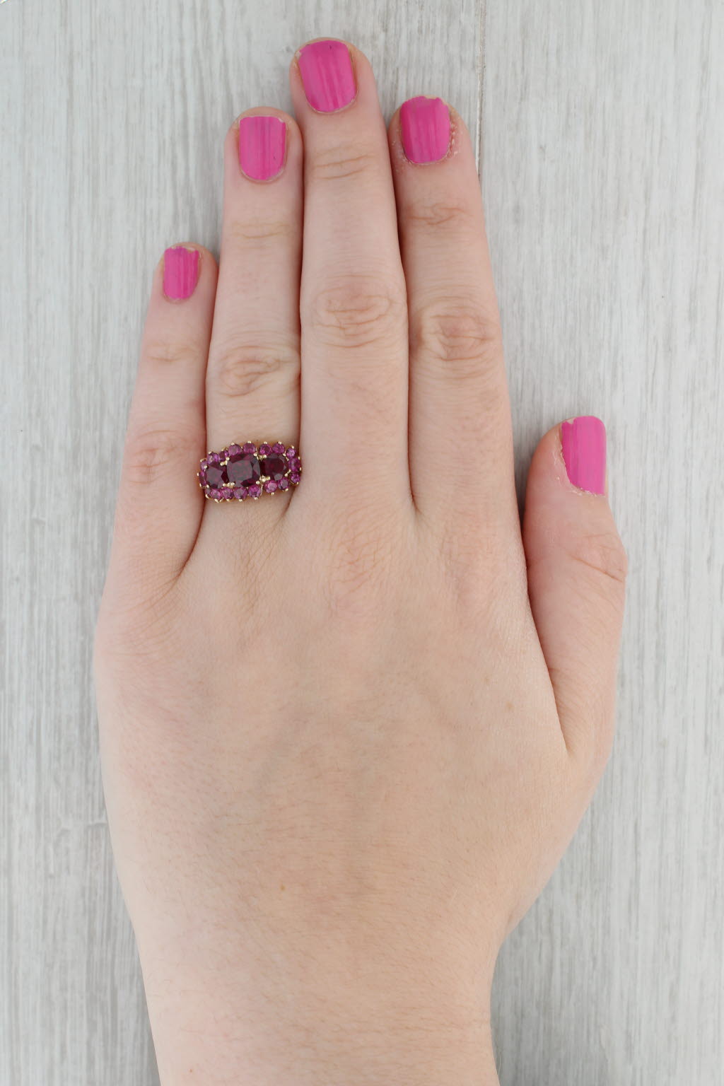 Gray 4.09ctw Garnet Ring 10k Yellow Gold Size 9.25 3-Stone Halo