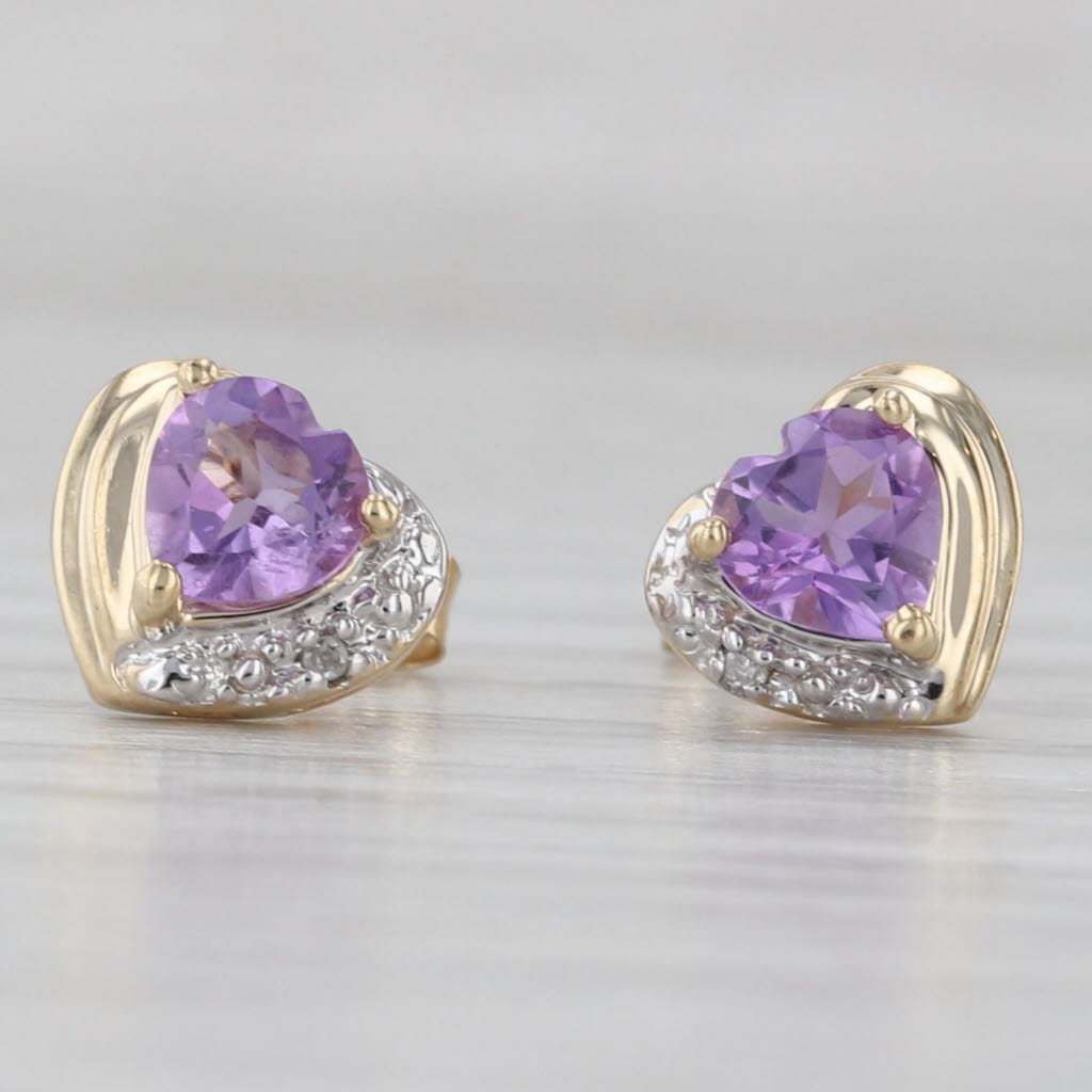Gray 0.78ctw Amethyst Heart Stud Earrings 10k Yellow Gold Diamond Accents