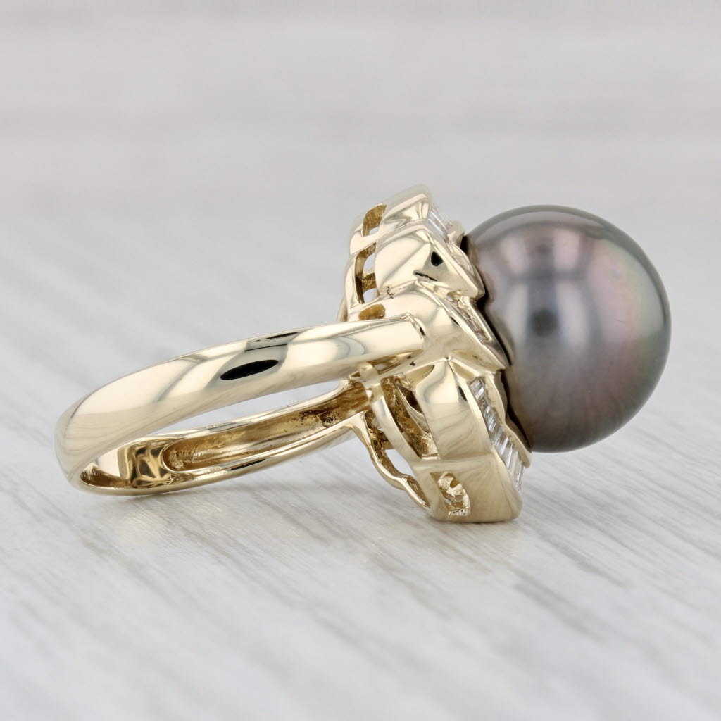 Light Gray Cultured Gray Pearl Diamond Halo Ring 14k Yellow Gold Size 6.75 Cocktail