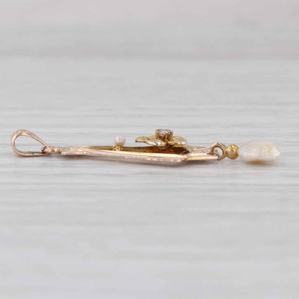 Antique Baroque Pearl Diamond Flower Pendant 10k Yellow Gold Drop