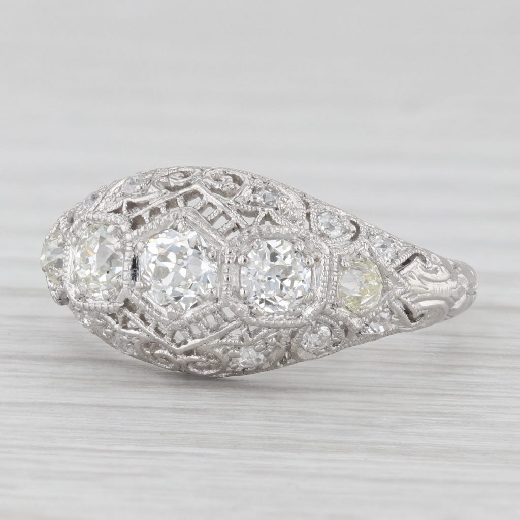 Light Gray 0.87 ctw Diamond Art Deco Platinum Filigree Domed Size 7.5 Ring 3-Stone