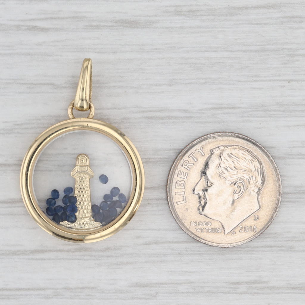 Lab Created Blue Sapphire Lighthouse Snow Globe Pendant 14k Gold Nautical