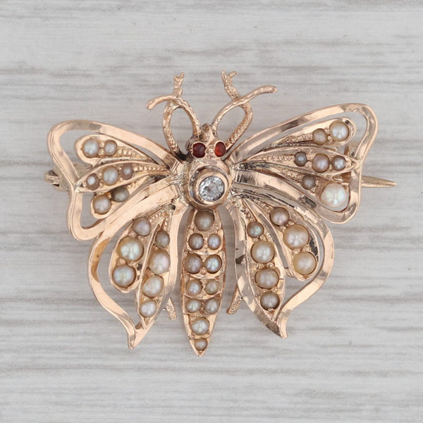 Vintage Pearl Diamond Butterfly Brooch 14k Yellow Gold Pin Insect Jewelry