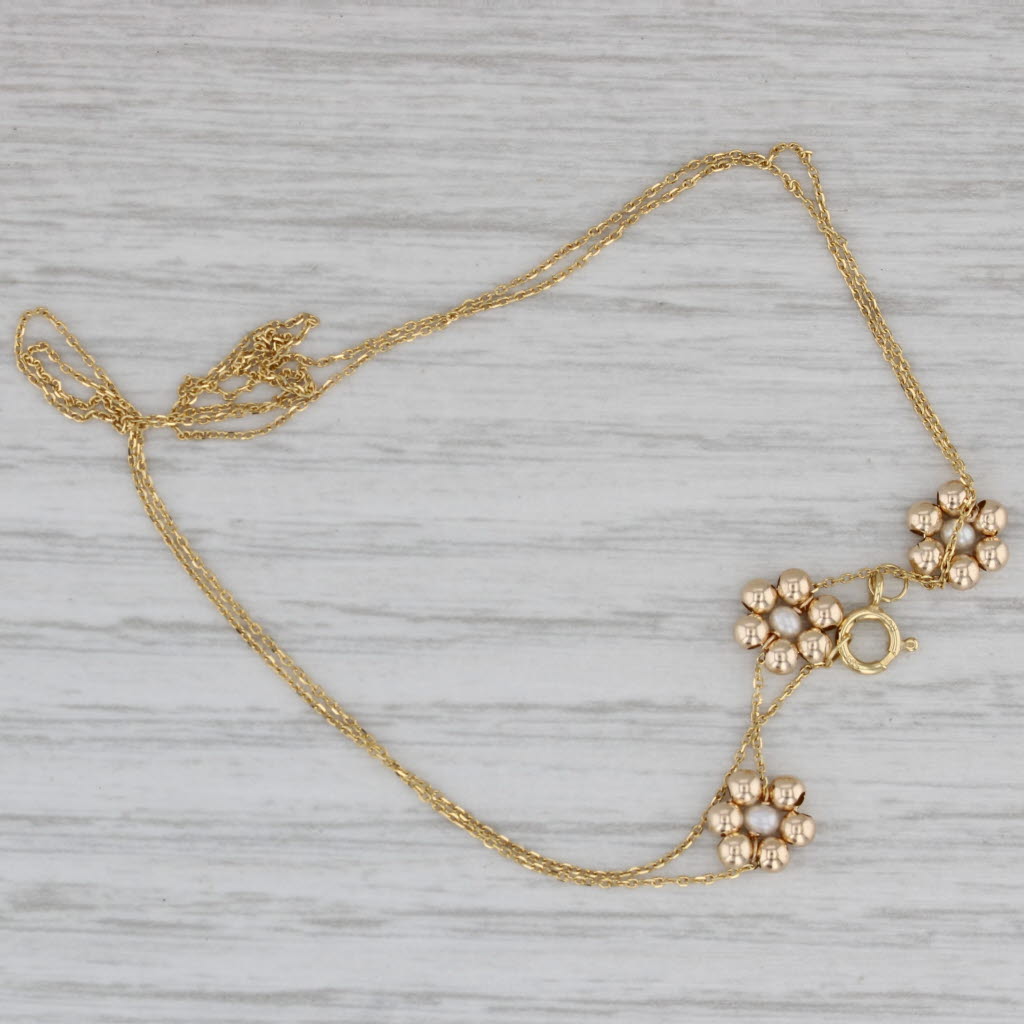 Gray New Cultured Pearl Flower Bead Stations Necklace 14k Yellow Gold 18"