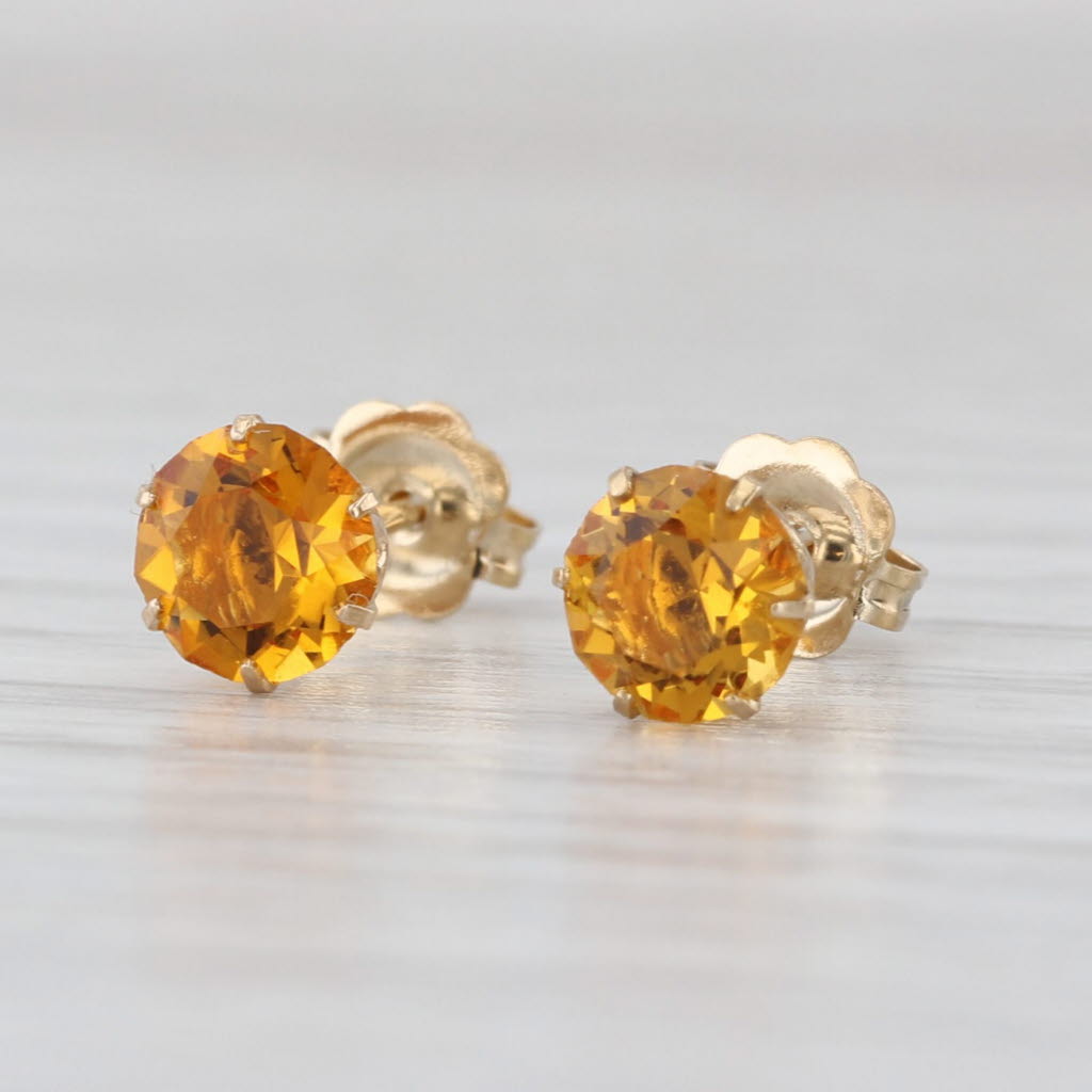 Orange Glass Solitaire Stud Earrings 14k Yellow Gold Round Studs