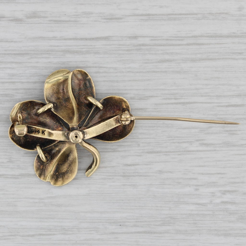 Gray Vintage 0.11ct Diamond Solitaire Shamrock Brooch 14k Gold Four Leaf Clover