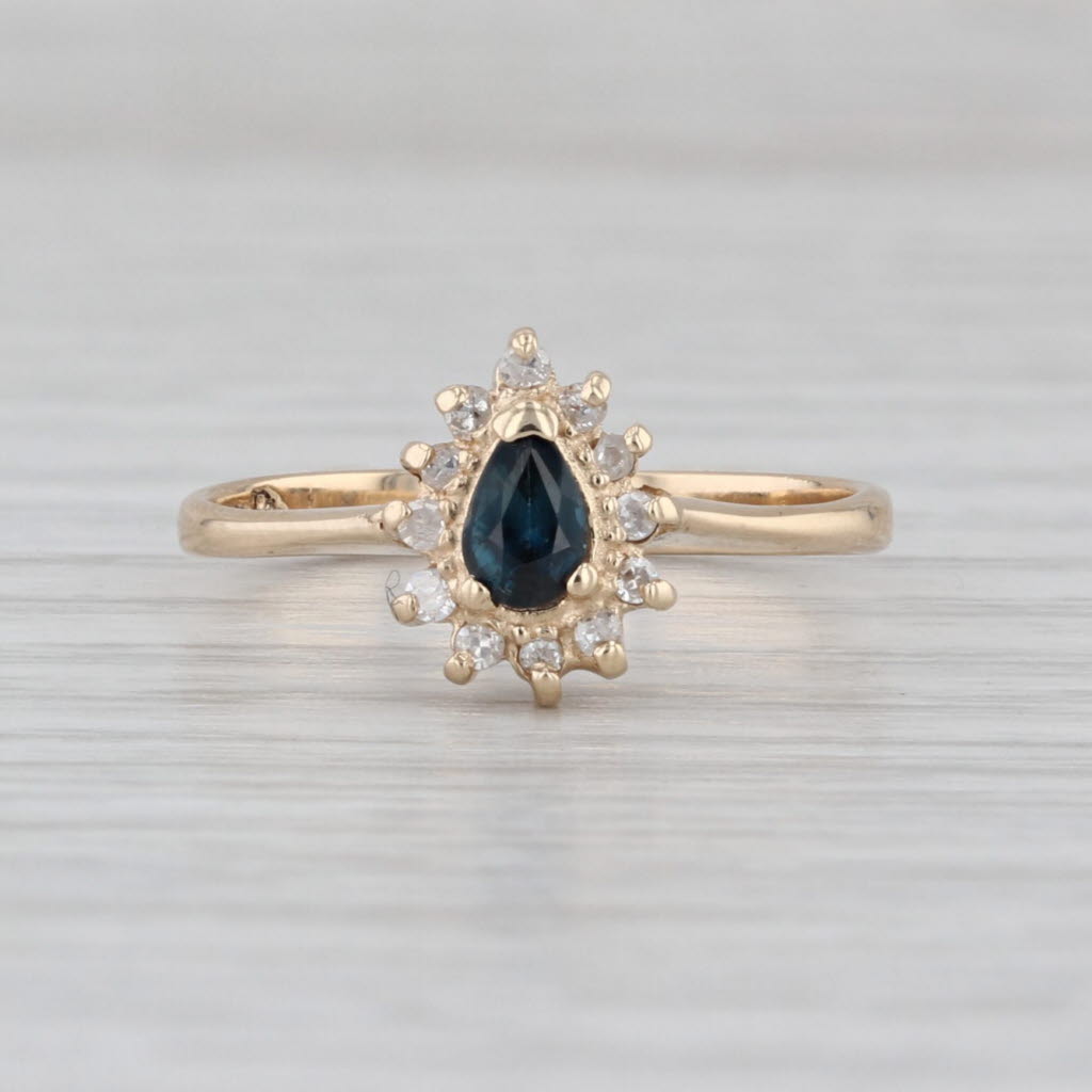 0.37ctw Blue Sapphire Diamond Halo Ring 14k Yellow Gold Size 6.75 Teardrop Pear