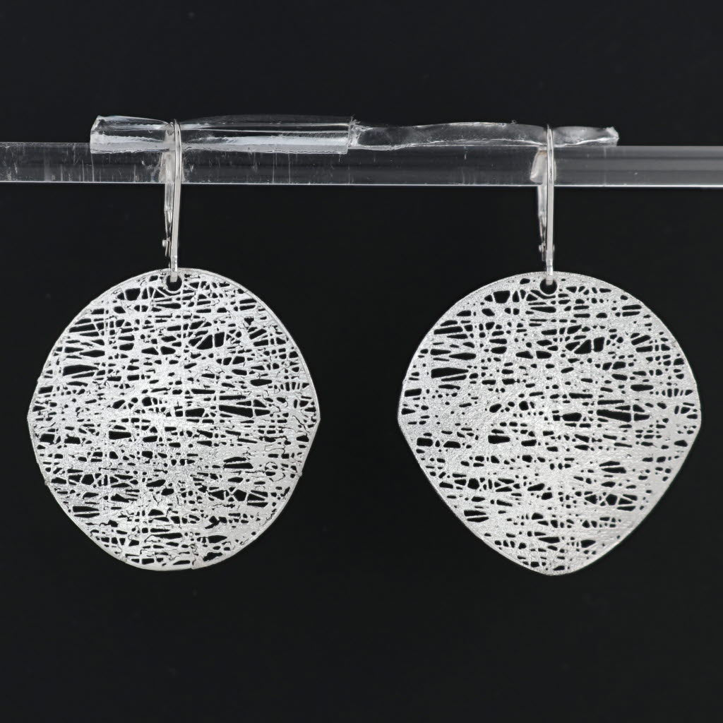 Light Gray Flossy Webbed Dangle Circle Statement Earrings Sterling Silver Lever Back Drops