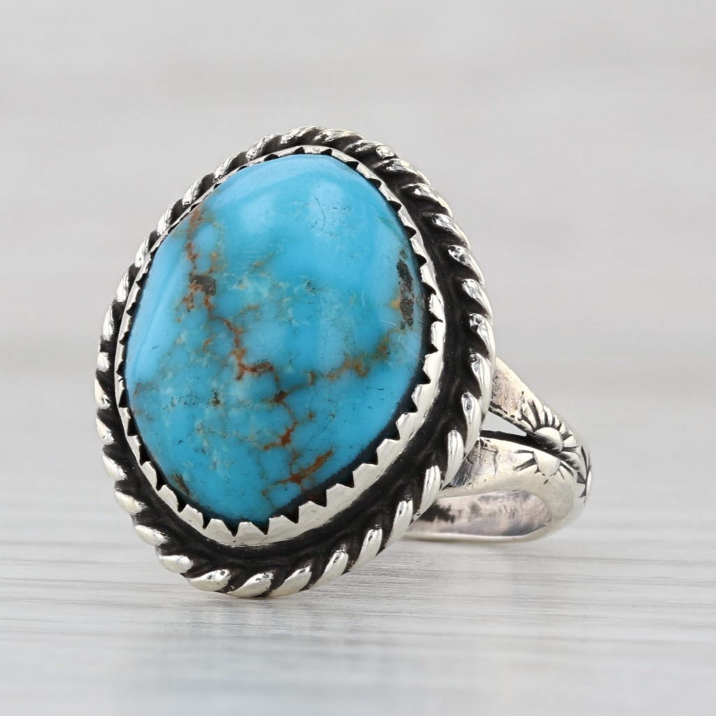 Oval Cabochon Turquoise Ring Sterling Silver Size 6.25 Stamped Native American
