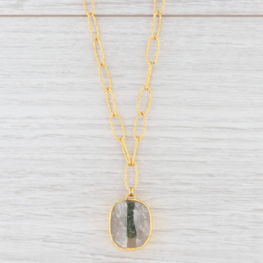 New Nina Wynn Druzy Quartz Tourmaline Pendant Necklace Sterling Gold Vermeil