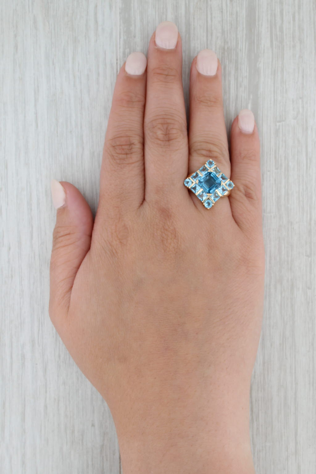 5.38ctw Blue topaz Halo Ring 10k Yellow Gold Size 6 Cocktail