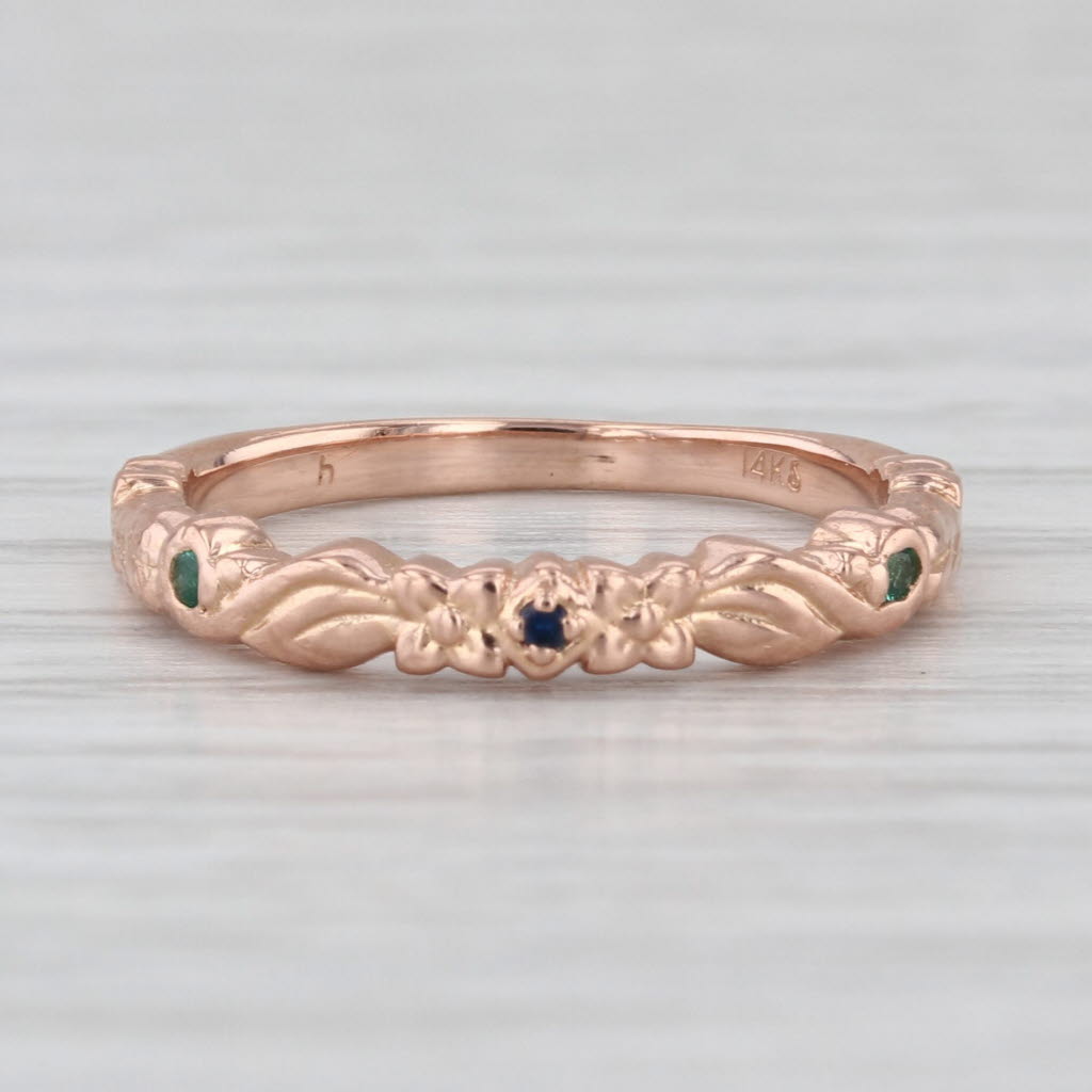 Vintage Blue Stone Emerald Ring 14k Rose Gold Stackable Band Size 4.5 Bridal