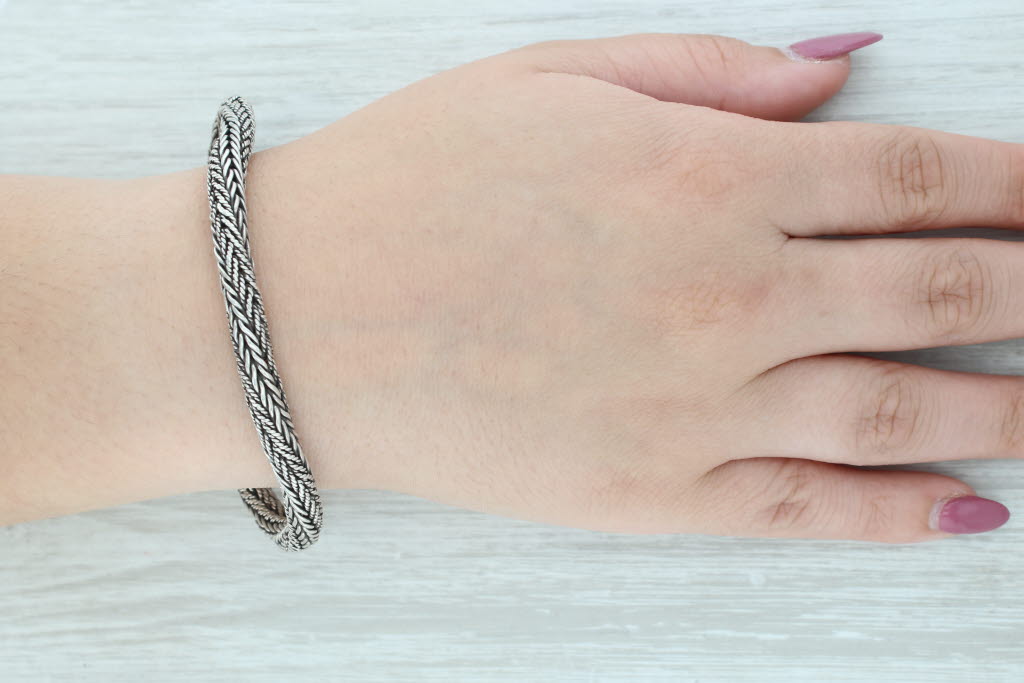 Gray Woven Rope Chain Bracelet Sterling Silver 7.5" 6.4mm Statement
