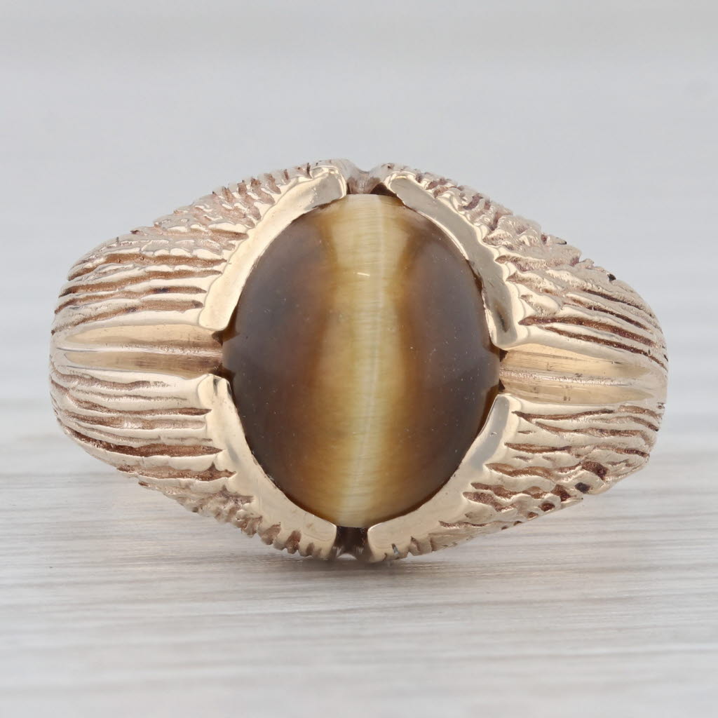 Gray Tiger's Eye Oval Cabochon Solitaire Ring 10k Gold Size 9.75 Woodgrain Vintage