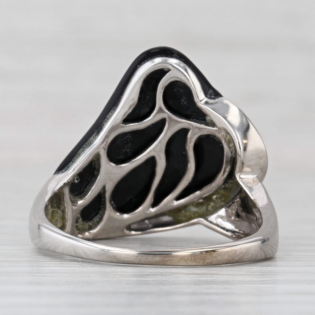 Light Gray Baroque Devitrified Black Glass Diamond Ring 14k White Gold Size 8.25 Statement
