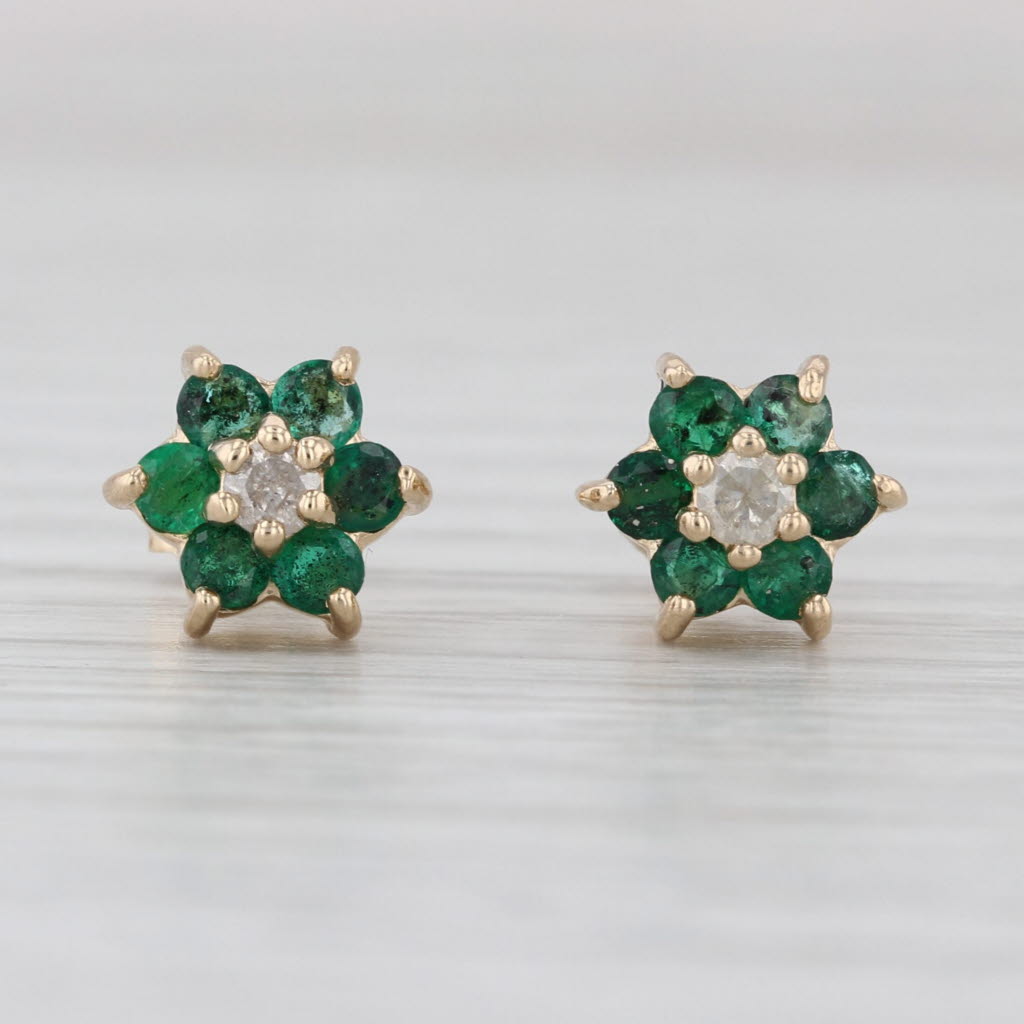 0.58ctw Emerald Diamond Flower Stud Earrings 14k Yellow Gold Studs