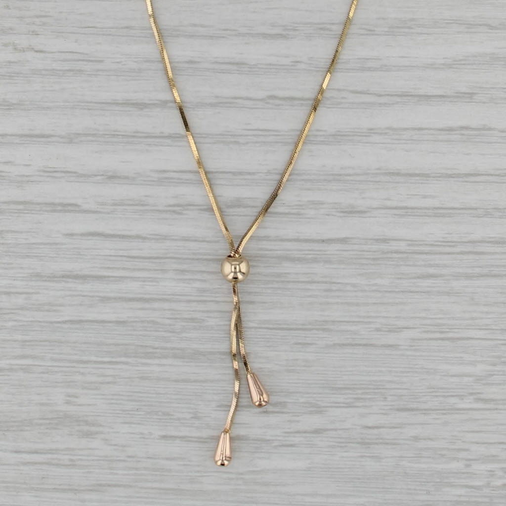 Boxy Snake Chain Lariat Teardrop Necklace 14k Yellow Gold 17.5"