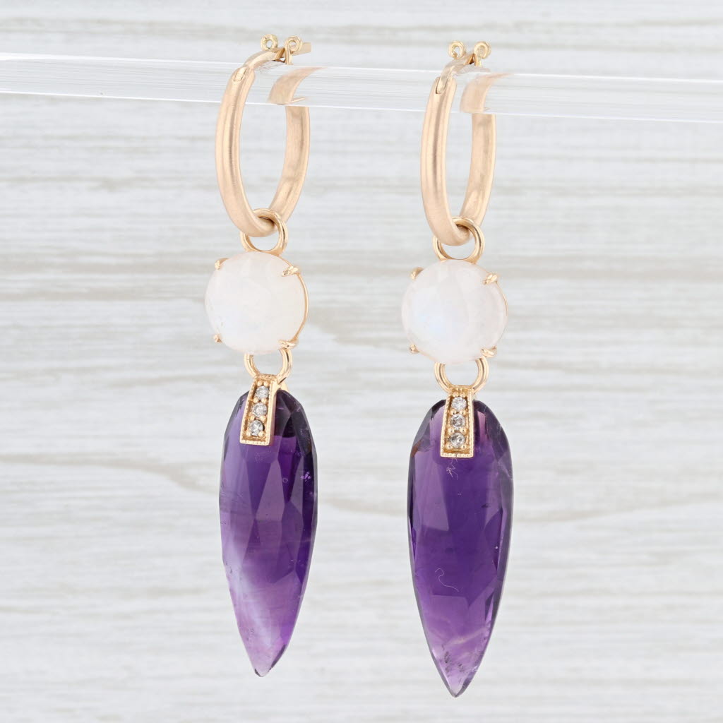 New Nina Wynn Hoop Earrings 18k Yellow Gold Amethyst Moonstone Diamond Charms