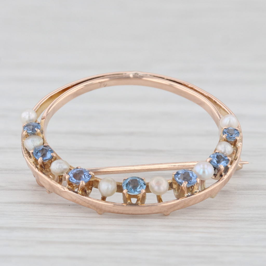 Light Gray Vintage 0.36ctw Sapphire Pearl Crescent Moon Brooch 10K Yellow Gold Pin