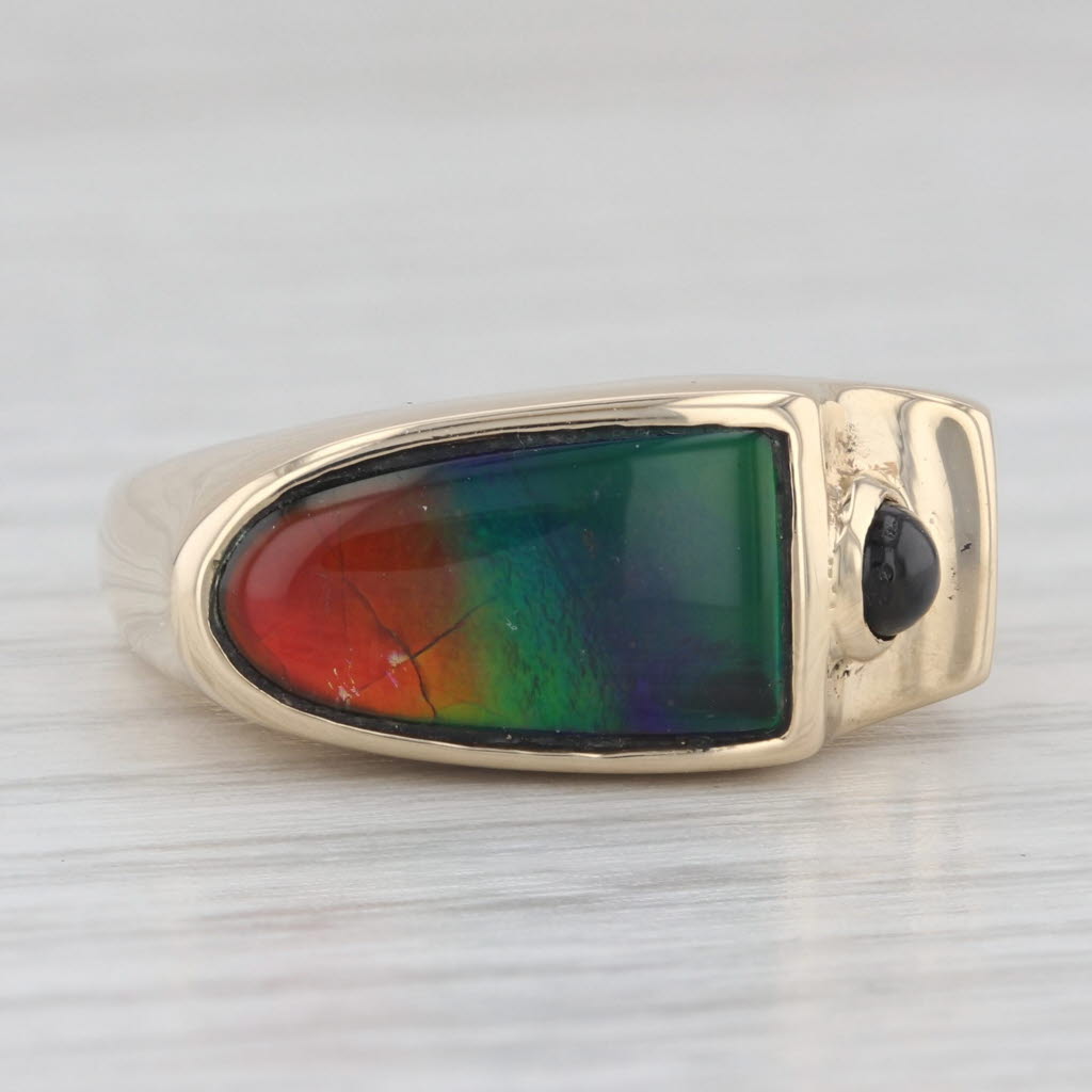 Light Gray Rainbow Ammolite Doublet Cabochon Peridot Ring 14k Yellow Gold Size 7
