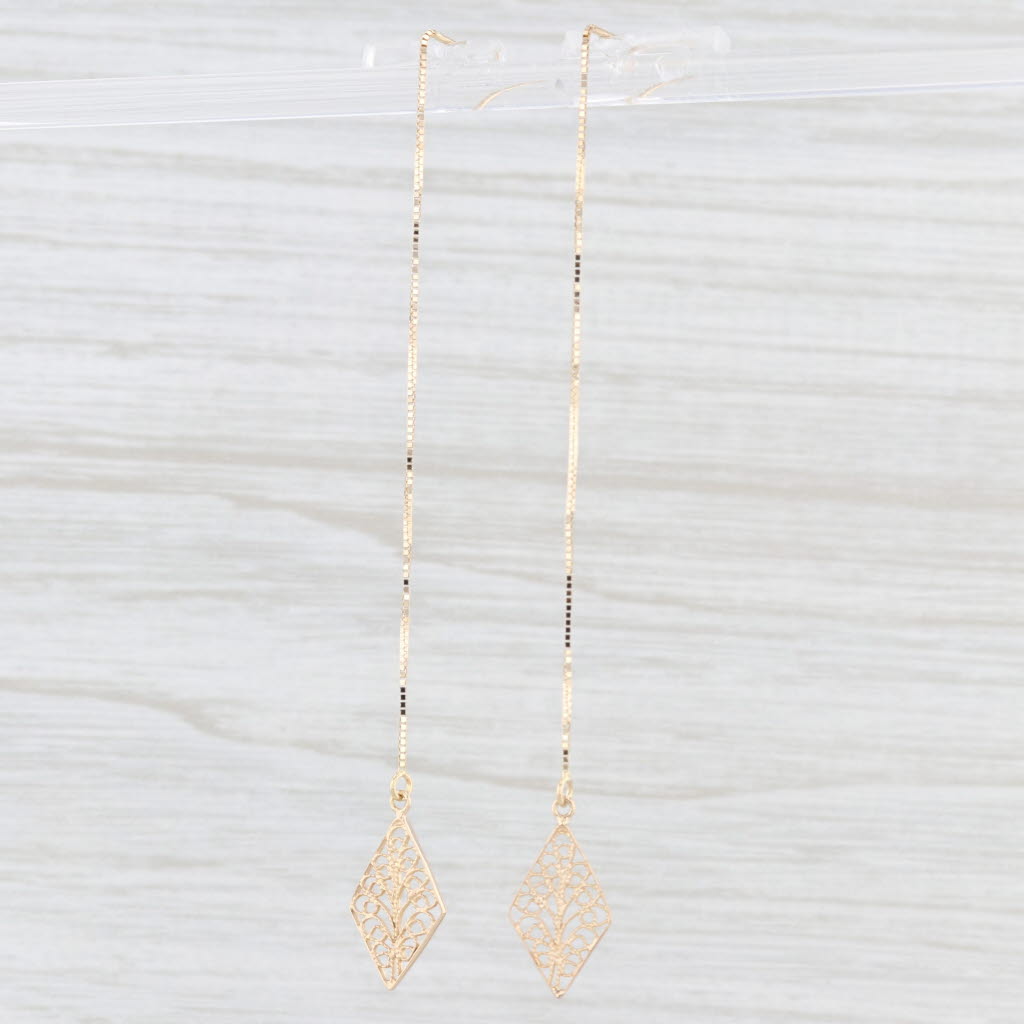 Light Gray Filigree Dangle Threader Earrings 14k Yellow Gold