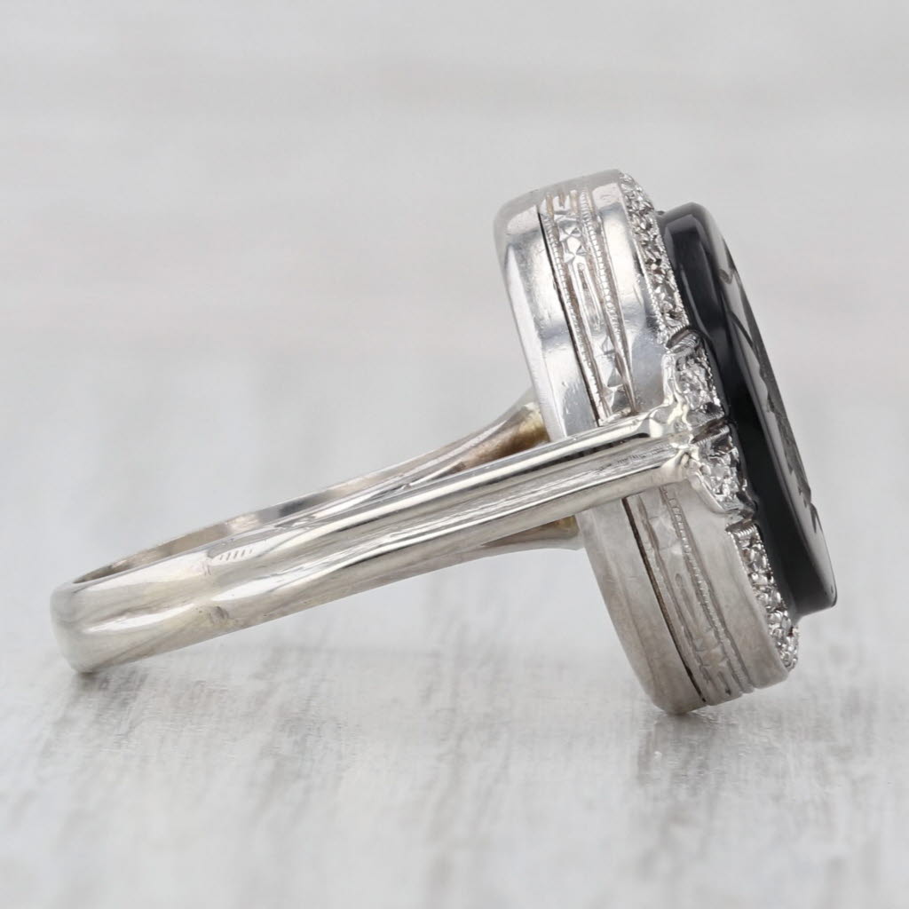 Onyx Intaglio Diamond Halo Ring 14k White Gold Platinum Size 6 Signet