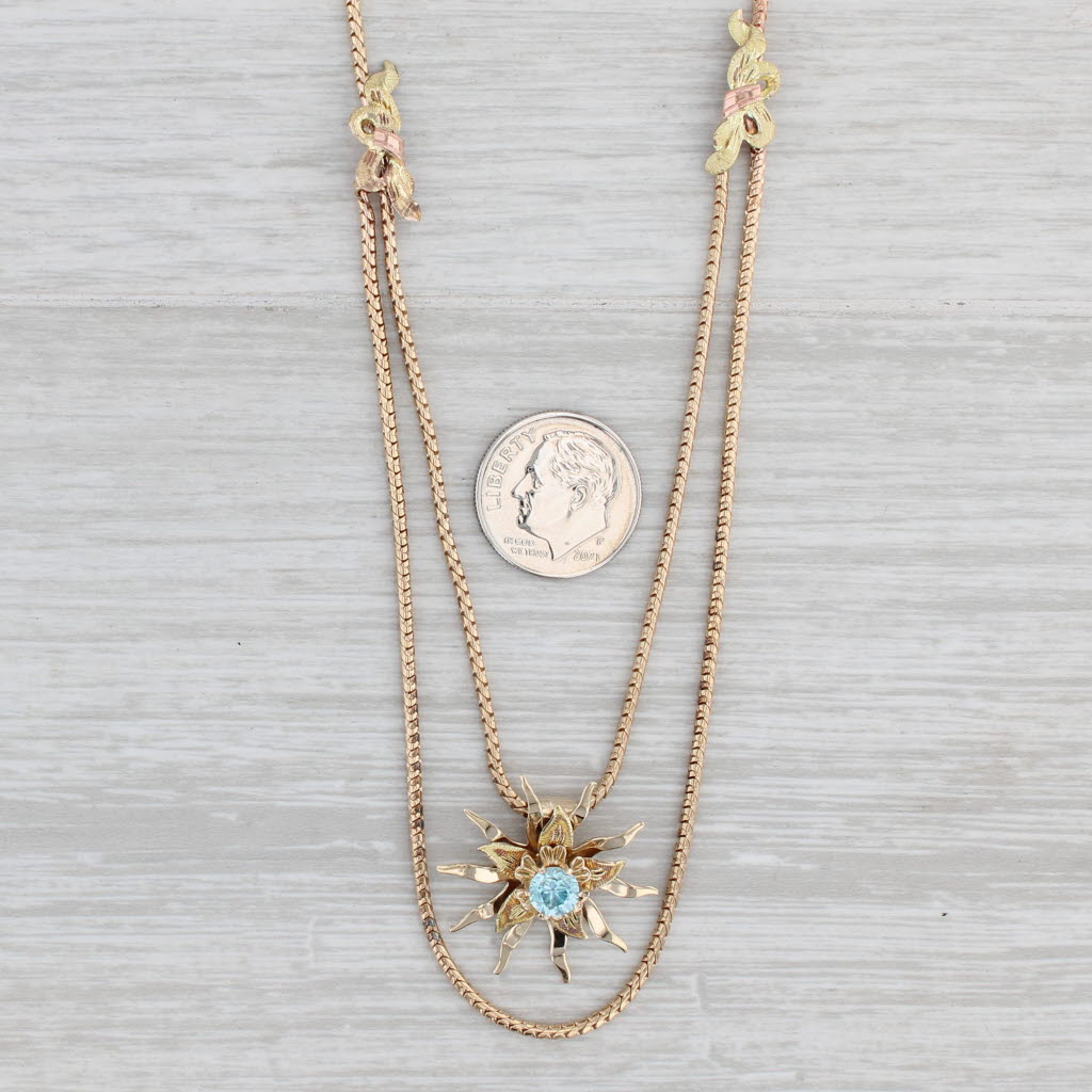 Light Gray Vintage 0.80ct Blue Zircon Flower Pendant Necklace 10k Gold 20.5" Box Chain