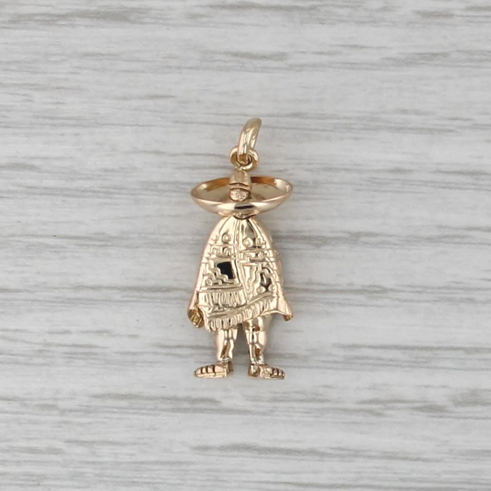 Mexican Figure Charm 14k Yellow Gold Wearing Sombrero Poncho Souvenir Pendant