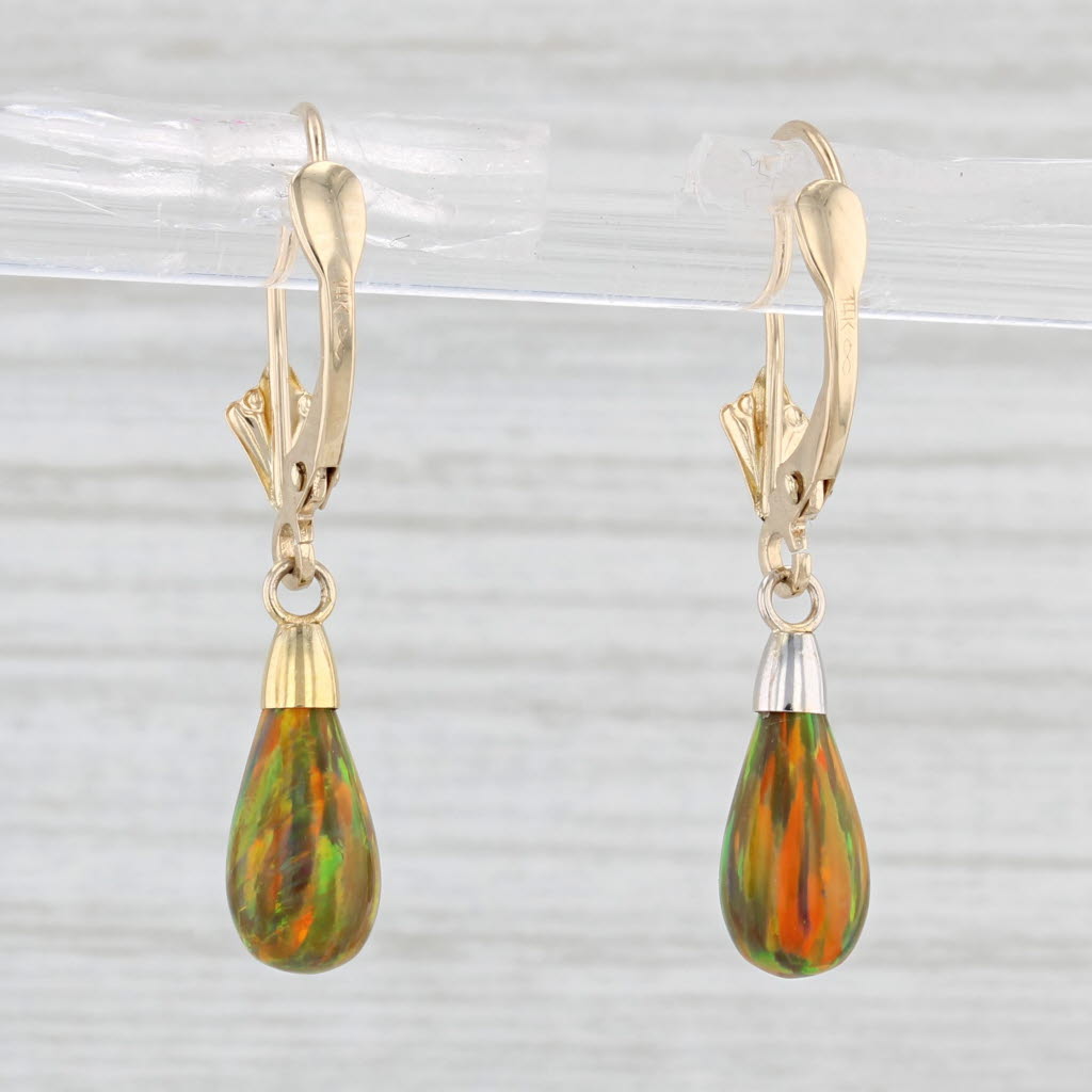 Light Gray Lab Created Multicolor Opal Teardrop Earrings 14k Yellow Gold Lever Backs