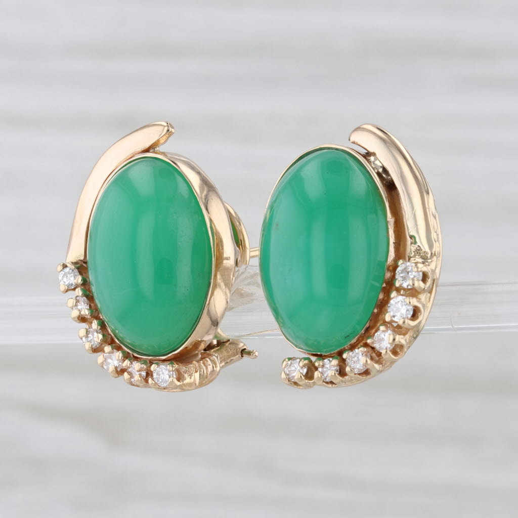 Diamond Green Chrysoprase Oval Cabohcon Earrings 14k Yellow Gold Omega Backs