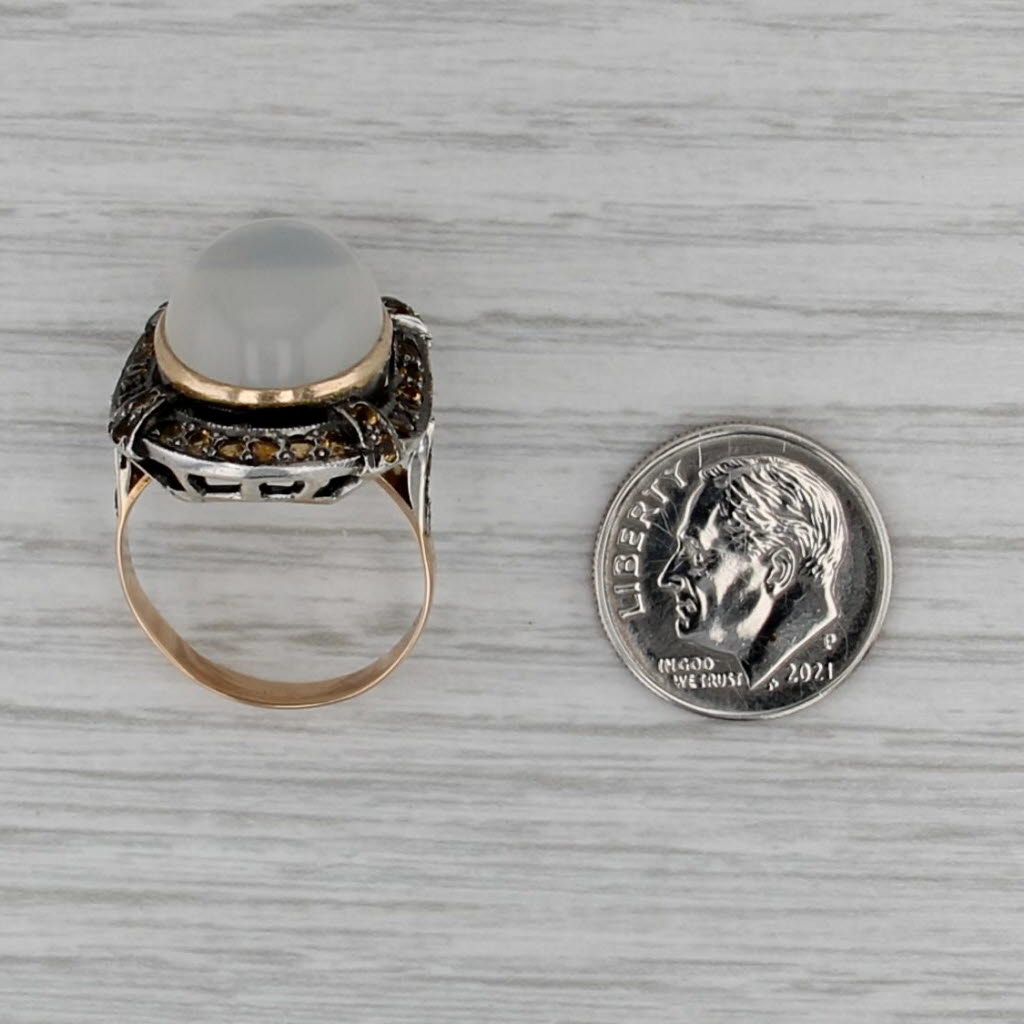 Vintage Cats Eye Moonstone Cabochon Citrine Halo Ring 18k Gold Silver Size 7.25